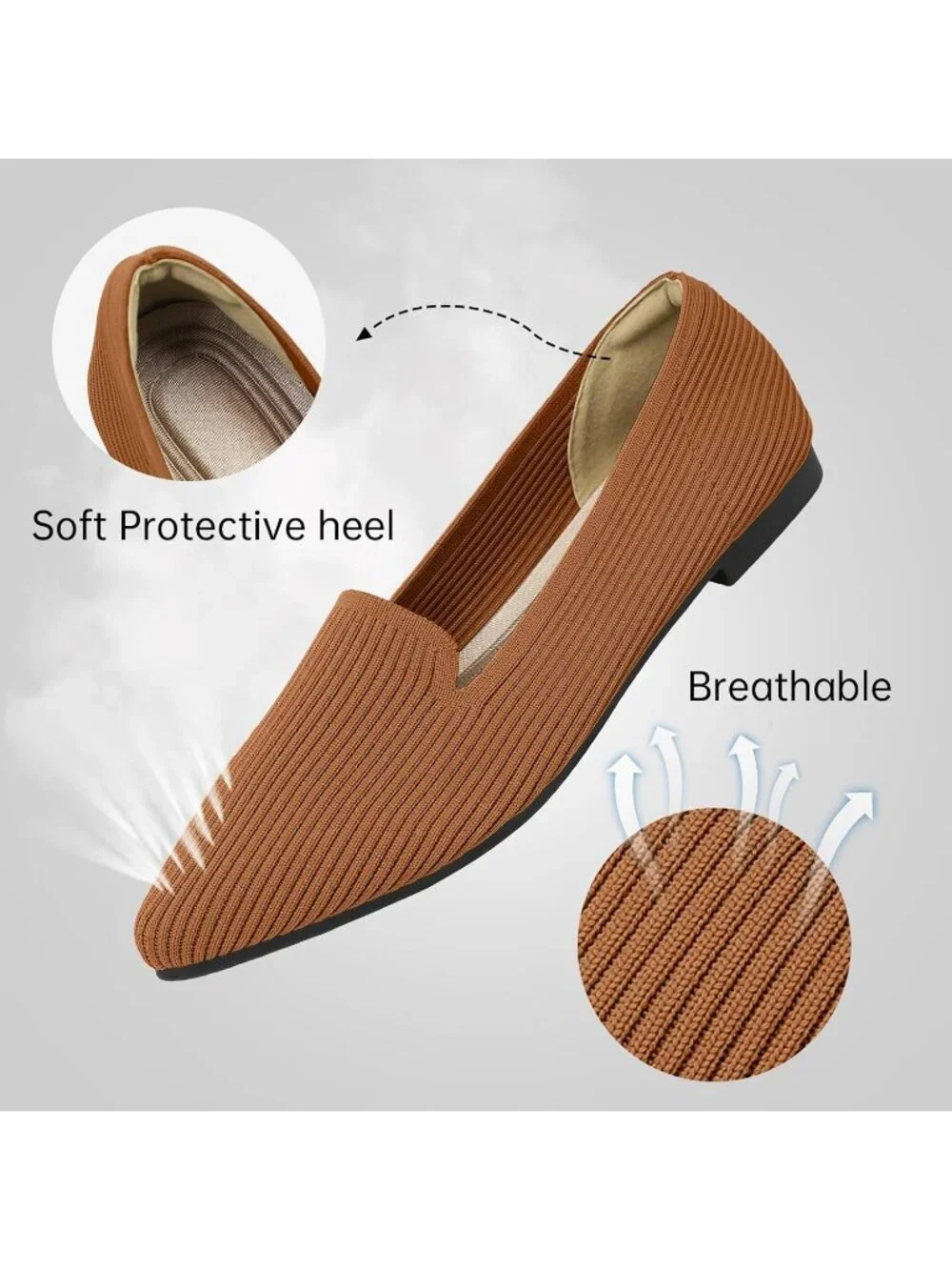 Women's Brown Pointed Toe Knit Ballet Flats Washable Important Work Shoes
